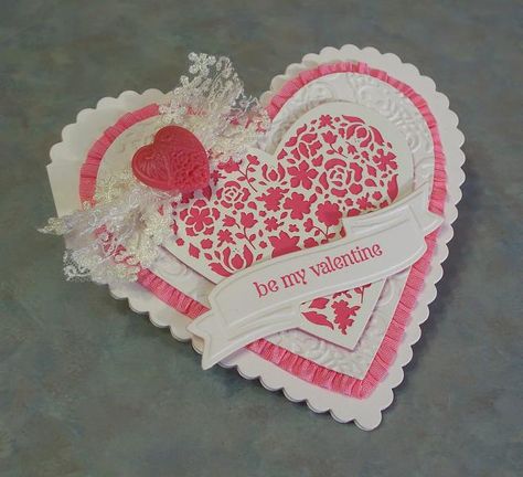 Heart Shaped Valentine's Day Card by Sylvaqueen - Cards and Paper Crafts at Splitcoaststampers Heart Shaped Valentines Cards, Heart Shape Card, Heart Shaped Card, Heart Doilies, Valentine Card Crafts, Valentine Heart Card, Homemade Valentines Day Cards, Pink Burlap, Cards Valentines