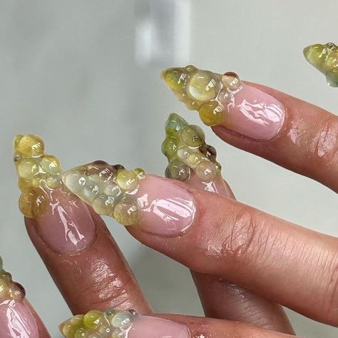 Nail Art With Gems, Unique Manicure, Pink French Manicure, Bubble Nails, Nails Inspired, Art Deco Nails, Green Bubble, Gem Nails, Manicures Designs