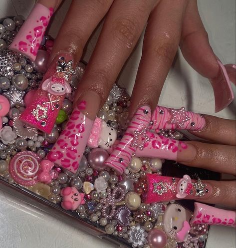 follow for more! Long Duck Nails With Charms, Gyaru Duck Nails, Y2k Junk Nails, Duck Nail Designs Y2k, Duck Nails Acrylic Y2k, Domo Nails, Long Junk Nails, 2000s Nail Designs, Junk Duck Nails