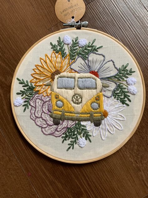 Flowers 
Embroidery 
Hoop
Volkswagen van 
Yellow van Van Embroidery, Volkswagen Van, Embroidery Skirt, Modern Embroidery, Van Life, Original Design, Original Designs, Volkswagen, Cross Stitch