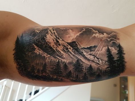 Inner Bicep Mountain Tattoo Bicep Mountain Tattoo Men, Inner Bicep Mountain Tattoo, 3d Mountain Tattoo, Mountain Tattoo Inner Bicep, Inner Upper Arm Tattoo Men, Mountain Tattoo Designs Men, Biblical Mountain Tattoo, Bicep Mountain Tattoo, Mountain Tattoo Bicep