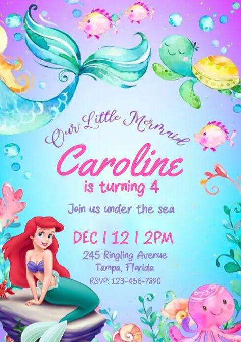 The Little Mermaid Birthday Invitation Mermaid Theme Invitation, Little Mermaid Invitations, Carnival Birthday Party Theme, Mermaid Invitations, Cinderella Birthday, Mermaid Birthday Invitations, Little Mermaid Ariel, Little Mermaid Birthday, Carnival Birthday Parties