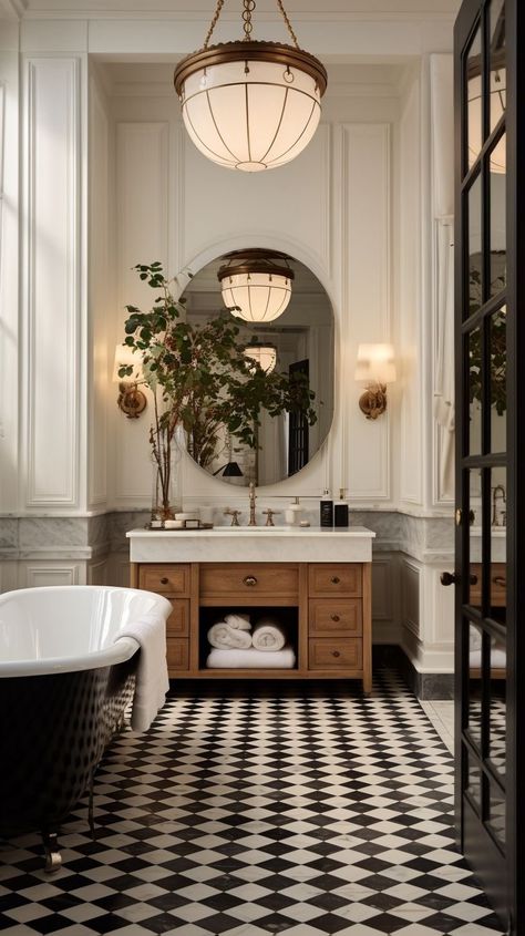 Georgetown Interior Design, Bathroom Transitional Style, French Interior Aesthetic, Tutor Style Homes Interior, Room With Open Bathroom, Bathroom Tiles 2024, Bathroom French Style, Tudor Style Homes Interior, Rich Home Decor