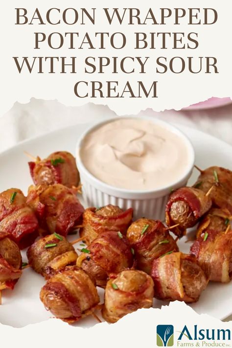 Wrapped Potato With Bacon, Potato Wrapped In Bacon, Bacon Wrapped Potato Bites, Bacon Wrapped Ideas, Bacon Wrapped Potato Rolls, Potato Rolls With Bacon, Bacon Wrapped Potato Wedges, Red Potato Appetizers, Bbq Apps