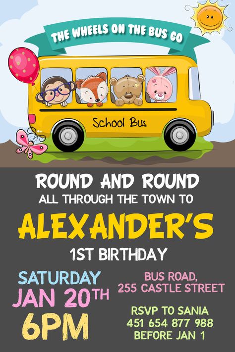 Wheels On The Bus Invitation, Bus Theme Party, Wheels On The Bus Party, Bus Birthday Party, Bday Invitation Card, Simba Birthday, Tractor Birthday Cakes, School Bus Party, 2nd Birthday Pictures