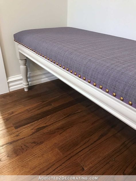 DIY Upholstered Dining Room Bench (Finished!) – How To Upholster The Seat Refurbished Bench With Cushion, Diy Tufted Bench Cushion, Diy Upholstered Coffee Table, Reupholster Bench Seat, Bench Upholstery Diy, Reapolstering Bench Seat, Diy Tufted Bench, How To Upholster A Bench, Reupholster Bench