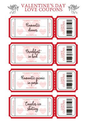 https://www.canva.com/p/lanaveter/ #canva #canvapro #valentinesdayaesthetic #valentinesday #lovecoupon #printable #lovecouponsforboyfriend #lovecouponsdiy #lovecouponstemplate Coupons For Boyfriend, A4 Document, Romantic Picnics, Love Coupons, Document Templates, Breakfast In Bed, Valentine Day Love, Canva Templates, White And Red