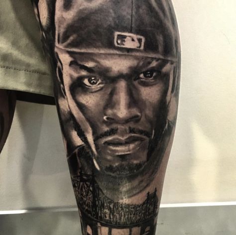 Tattoo portrait of 50cent Brisbane Australia @royalinkmilton 50 Cent Tattoo Ideas, 50cent Tattoo, 50 Cent Tattoo, Hop Tattoo, Hip Hop Tattoo, Leg Tats, Tattoo Portrait, Brisbane Australia, 50 Cent