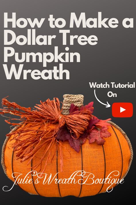 Looking for a challenge? Then this is the youtube tutorial you've been looking for! The challenge isn't the difficulty level, but how to make a fabulous wreath for next to nothing using supplies from the Dollar Tree and burlap material by the yard. Julie shows you step by step just how affordable this fall pumpkin  can be to make for that new front door wreath you've been looking to make. Are you up for the challenge?
#frontdoorwreath #pumpkin #DollarTree #youtubetutorial #julieswreathboutique Dollar Store Pumpkin Wreath Frame, Wire Pumpkin Wreath Dollar Tree Diy, Pumpkin Wreath Form Ideas, Wire Pumpkin Wreath Diy, Pumpkin Mesh Wreaths, Pumpkins Decorations, Dollar Tree Pumpkin Wreath, Pumpkin Wreath Tutorial, Deco Mesh Pumpkin