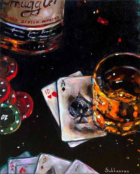 Whiskey Oil Painting, Poker Canvas Painting, Poker Painting Ideas, Casino Painting, Poker Painting, Obsessed Artist, Victoria Sukhasyan, Casino Art, Poker Art