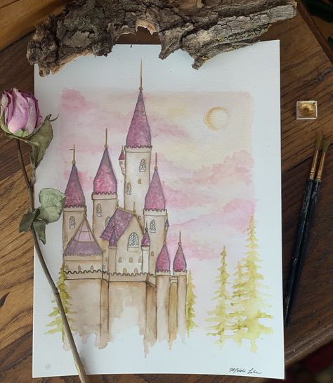 Sleeping Beauty Painting Ideas, Castle Drawing Watercolor, Watercolor Castle Painting, Simple Castle Drawing, Sleeping Beauty Drawing, Sleeping Beauty Painting, Painting With Trees, Sleeping Beauty Illustration, Castle Sketch