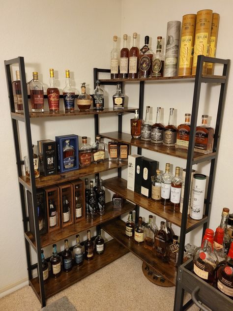 Liquor Bookshelf Ideas, Home Liquor Storage Ideas, Liquor Bottle Storage Ideas, Whiskey Collection Display, Liquor Display Cabinet, Liquor Shelf Ideas Display, Alcohol Display Home, Liquor Display Ideas, Alcohol Storage Ideas