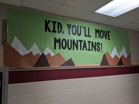 Mountain Hallway Decor School, Hiking Bulletin Board, Adventure Awaits Bulletin Board, Campfire Classroom, Vikings Boat, Hallway Signs, Mountain Classroom, School Dance Themes, Nature Classroom