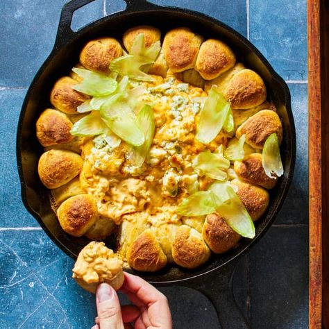 Buffalo Chicken Dip with Spicy Monkey Bread | America's Test Kitchen Recipe Chicken Breast Pizza, Bread Balls, Buffalo Dip, America's Test Kitchen Recipes, Chicken Dip, Cream Cheese Chicken, Chicken Dips, America's Test Kitchen, Kitchen Recipe