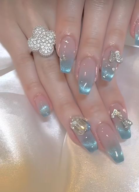 Blue Water Nails Acrylic, Aqua Jelly Nails, Blue Douyin Nails Short, Blue Jelly Nails Short, Blue Gyaru Nails, Kawaii Blue Nails, Jelly Blue Nails, Blue Douyin Nails, Jelly Glitter Nails