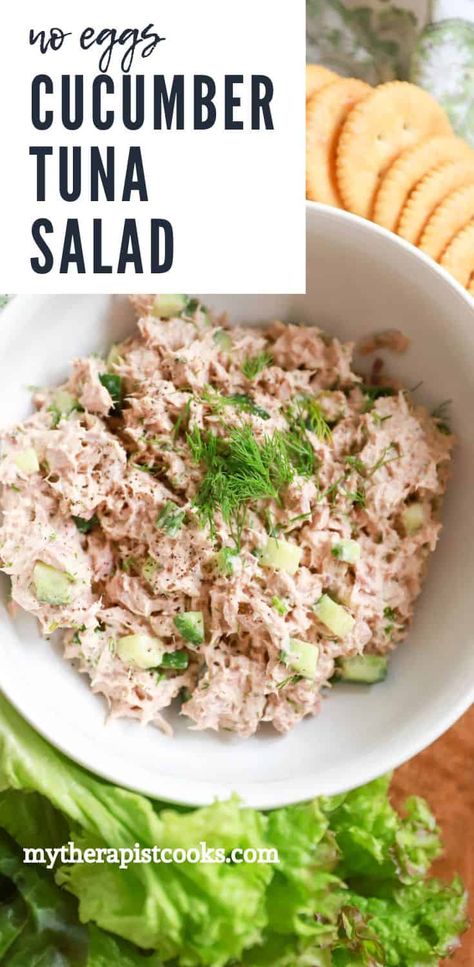 VERY yummy tuna salad with a twist! Instead of pickles, cucumbers and fresh dill to add flavor and crunch to deliciously seasoned canned tuna. This version of tuna salad has NO EGGS and is a perfect make ahead lunch ingredient! Cucumbers And Tuna, Tuna Salad Without Celery, Tuna Salad With Cucumbers, Tuna And Cucumber Salad, Cucumber Tuna Salad, Tuna Cucumber Salad, Tuna Salad With Dill, Tuna Salad Recipe With Egg, Tuna And Cucumber