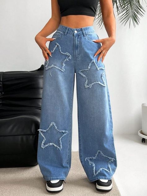 Star Jeans Outfit, Fancy Pants Outfit, Casual Wide Leg Jeans, Jeans With Star, Street Style Women Casual, Womans Jeans, Women's Street Style, Adrette Outfits