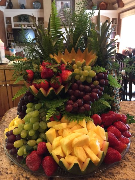 Fruit cascade that I made from  a Pinterest tutorial! It was a hit at a party I catered! Fruit Cascade Display, Fruit Tree For Party, Wedding Vegetable Display, Tiered Fruit Tray, Cascading Fruit Display, Fruit Cascade, Fruit Display Wedding, Fruit Tables, Fruit Platter Ideas Party