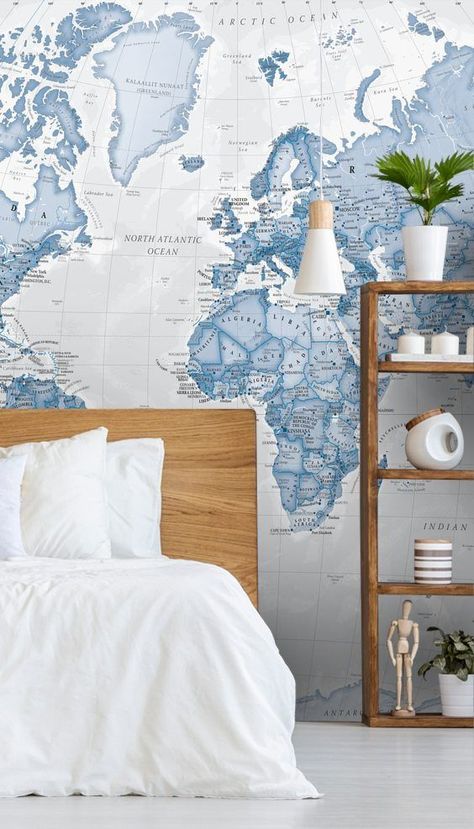 The range includes historic world maps that depict the world as seen in bygone centuries, perfect for creating a vintage look, or more modern accurate cartography using political borders or environmental patterns. Our map wallpapers are a great talking point or ideal place to plot and mark your worldly adventures. A world map mural really does make the perfect addition to any room in the home or office. Which map design will you choose from this popular collection? #map #worldmap #wallpaper #diy World Map Bedroom, Wallpaper April, Travel Wallpapers, Map Mural, World Map Mural, Wallpaper Diy, Map Murals, World Map Wallpaper, Silver Wallpaper