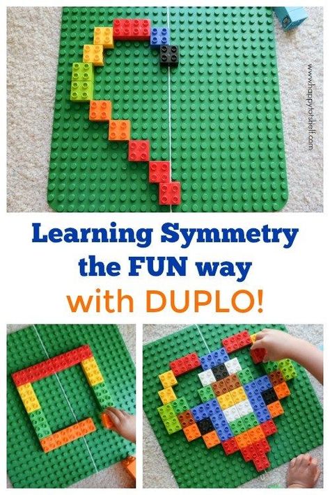 Learn symmetry for kids using Duplo - hands on way to learn Math. By Happy Tot Shelf Symmetry Activities, Lego Math, Lego Challenge, Lego Education, Learn Math, Lego Activities, Learning Shapes, Lego For Kids, Lego Projects