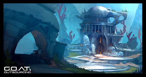 Under The Sea Concept Art, Sea City Fantasy Art, Concept Art Underwater, Cities Concept Art, City Concept Design, Dnd Mermaid, Underwater Temple, Mermaid Webtoon, Mermaid Concept Art