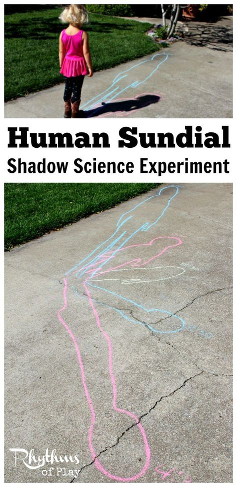 This human sundial shadow science experiment is a hands-on way for kids to learn how shadows are made and measure the earth's rotation. Contains questions to ask during and after the experiment. Shadow Science | Outdoor STEM | Science experiments for kids Earth's Rotation, Science Experience, Science Experiments For Kids, Experiments Kids, Summer Science, Experiments For Kids, Kid Experiments, Outdoor Education, Preschool Science