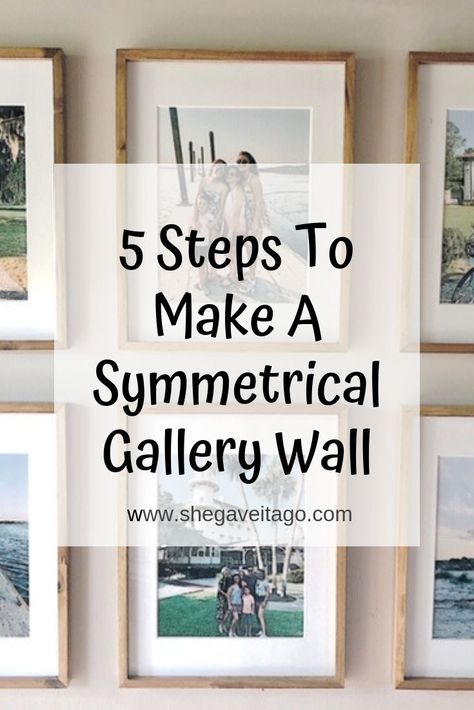 5 steps to make a symmetrical gallery wall | Detailed, step by step guide on how to create a family photo gallery wall.   #DIY #gallerywall #familyphotos Same Size Photo Gallery Wall, How To Create A Photo Gallery Wall, Photo Wall Configuration, Wall Gallery Ideas Family Photo Collages, Family Photo Gallery Wall Layout, How To Arrange Photos On Wall, 5 Frames On Wall Layout, Wall Photo Frame Ideas, Gallery Wall Ideas Bedroom