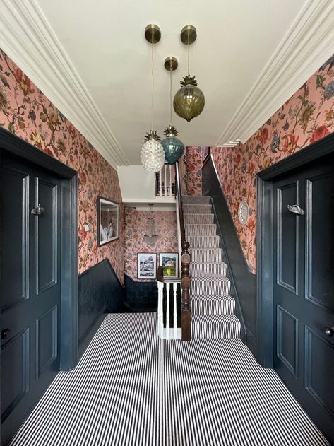 Farrow And Ball Hallway, Victorian Hallway Ideas, Farrow And Ball Railings, Panelling Wallpaper, Chaotic Room Aesthetic, Farrow And Ball Wallpaper, Corridor Ideas, Edwardian Homes, Painted China Cabinets