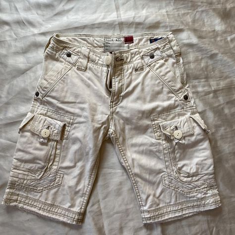 White cargo shorts (Has some flaws last pic not... - Depop Cargo Shorts Aesthetic, White Summer Cargo Shorts With Pockets, Vintage Cargo Shorts, White Cargo Shorts, White Cargo Shorts With Built-in Shorts, Military Cargo Shorts, + Core + Aesthetic, Aesthetic Vintage, Keep In Mind