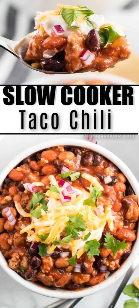 Slow Cooker Taco Chili is the ULTIMATE hearty comfort food. It's warm, meaty, and has a slight kick to keep you wanting more! #RealHousemoms #slowcooker #crockpot #taco #chili #easydinner #turkey Crockpot Taco Chili, Taco Chili Recipe, Crockpot Taco, Slow Cooker Taco, Taco Chili, Chili Chili, Resep Pasta, Easy Dinner Recipes Crockpot, Crock Pot Tacos