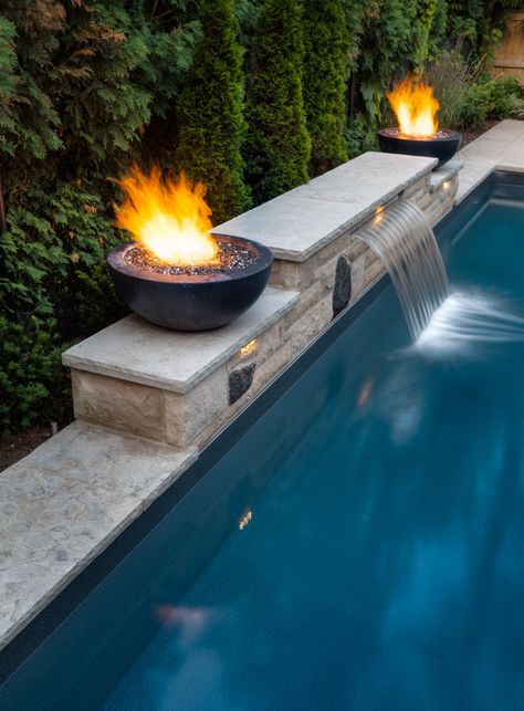 Pool Fountains Waterfall Modern, Waterfall Features For Pool, Fire Water Feature Pool, Water Feature Pool Ideas, Pool Fire And Water Feature, Pool Back Wall Ideas, Small Pool Fountain Ideas, Water Fall Pool Ideas, Pool With Cascade Wall