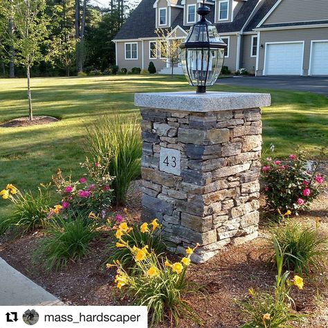 Heart, Grit & Hardscape ⚒ on Instagram: ““Although we use concrete wall stone on 90% of our jobs for vertical elements I absoutely love the look of natural stone and to be honest…” Stone Pillars Driveway Entrance, Mailbox Column, Driveway Columns, Address Stone, Brick Pillars, Mailbox Landscaping, Exterior House Renovation, Driveway Entrance, Stone Retaining Wall