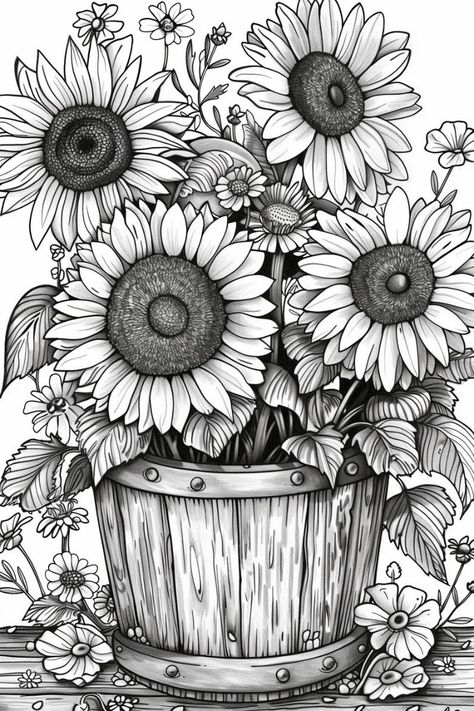 Sunflower Colouring Pages, Cottagecore Coloring Pages Free Printable, Autumn Coloring Pages For Adults, Printable Adult Coloring Pages Flowers, Drawing Full Page, Full Page Drawings, Sunflower Coloring, Sunflower Coloring Pages, Printable Flower Coloring Pages