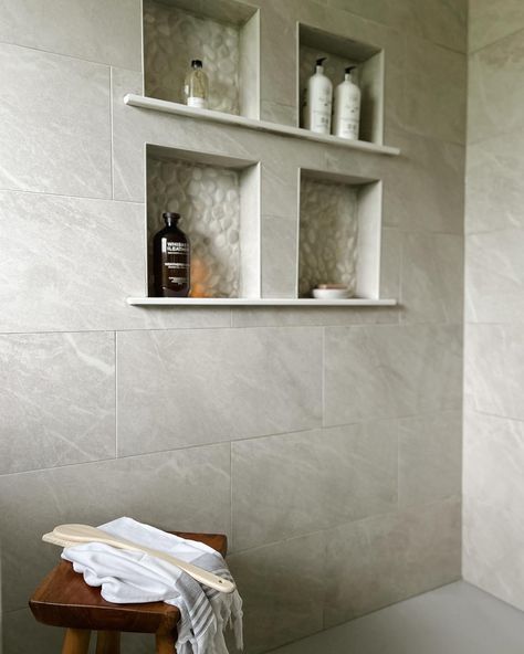 Small serene bathroom Shower Niche Ledge, Shower With Niche Ideas, Walk In Shower Shelf Ideas, Bathroom Niche Ideas Built Ins, Niche In Bathroom, Tile Shower Niche Ideas, Shower Niche Placement, Storage In A Small Bathroom, Bathroom Niche Ideas