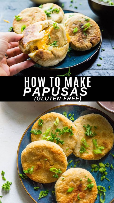 An easy tutorial on how to make homemade cheese papusas - a classic gluten-free Salvadoran dish. Papusa Recipe, Cheesy Flatbread, South American Dishes, Cornmeal Recipes, Cheese Flatbread, Latin American Recipes, Photo Food, Corn Flour, Low Fodmap Recipes