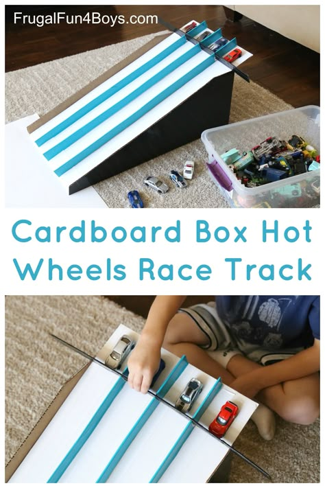 Convert a cardboard box (we used a Costco diaper box) into simple race lanes for Hot Wheels cars!  This simple race track releases four cars at one time. The boys and Janie have been having fun playing with this race track, and it hasn’t broken yet.  This is a perfect project for a bad weather...Read More » Hot Wheels Race Track, Cardboard Box Crafts, Cardboard Toys, Car Birthday, Toddler Fun, Diy Cardboard, Hot Wheels Cars, Cardboard Crafts, Race Track