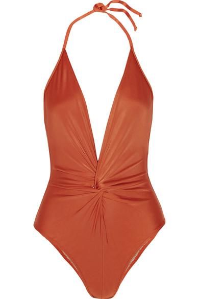 Knotted Halterneck Swimsuit Orange Bathing Suit, Halter Top Bathing Suits, Orange One Piece, Halter Bathing Suit, Adriana Degreas, Ruched Swimsuit, Halter Neck Swimsuit, Sport Bikinis, Orange Swimsuit