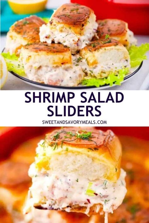 a plate with four shrimp salad sliders with the fifth one on top of others and a serving spatula with a shrimp salad sliders with a creamy filling Shrimp Sliders Recipes, Shrimp Sliders, Wfpb Sauces, Shrimp Salad Sandwich, Seafood Cravings, Shrimp And Veggies, Cheesy Shrimp, Sliders Recipes, Easy Slider