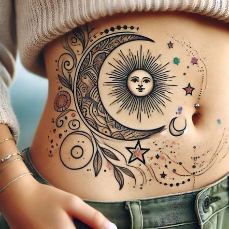 Borboleta Tattoo, Mystical Tattoos, Belly Tattoos, Moon Tattoos, Cross Tattoos For Women, Boho Tattoos, Tattoos For Women Flowers, Moon Tattoo Designs, Tasteful Tattoos