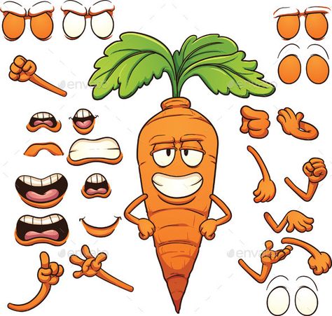 Posable cartoon carrot character. Vector clip art illustration with simple gradients. Elements on separate layers for easy editing Carrot Character, Carrot Drawing, Gradient Image, Funny Cartoon Faces, 2d Character Animation, Inkscape Tutorials, Fruit Cartoon, Posca Art, Character Vector