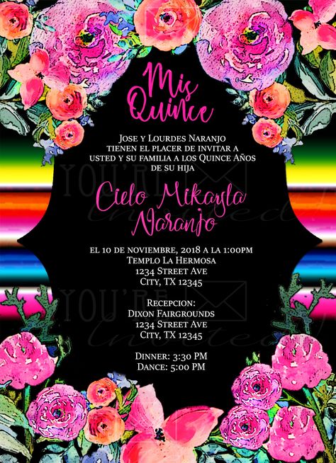 Mexican Sarape, Masquerade Invitations, Mexican Invitations, Mexican Quinceanera, Flowers Theme, Mexican Birthday, Mexican Flowers, Blacklight Party, Mexican Party Theme