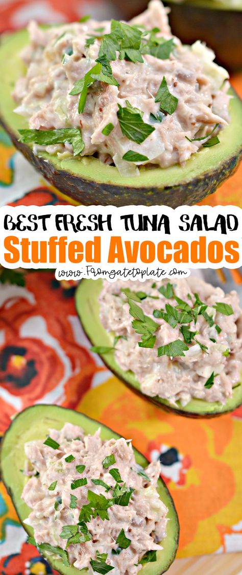 Tuna Salad Stuffed Avocados - From Gate To Plate Tuna Stuffed Avocado Recipes, Tuna Salad Plate, Tuna Avacodo Salad Recipe, Tuna Stuffed Avocado, Avocado Ideas, Stuffed Avocados, Stuffed Avocado, Gourmet Salad, Tuna Avocado