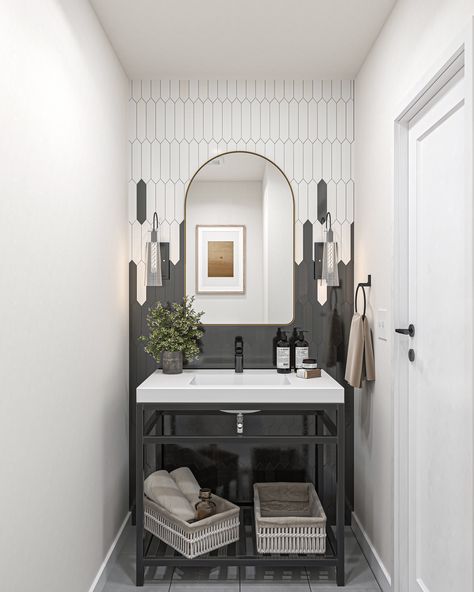 Sleek, chic, and oh-so-minimalist: Elevate your powder room with the timeless allure of black and white. ⚫⚪ . #ModernDesign #PowderRoomPerfection #powderroomdesign #bathroom #remodel #interior design #bayareadesign #bayarea #sfdesign #bathroomdesign @bathrooms_of_insta #blackandwhitebathroom Accent Half Bathroom, Modern Half Bathroom, Remodel Interior Design, Moms Kitchen, Powder Room Design, Sleek Chic, Half Bathroom, Grey Flooring, Farmhouse Bathroom