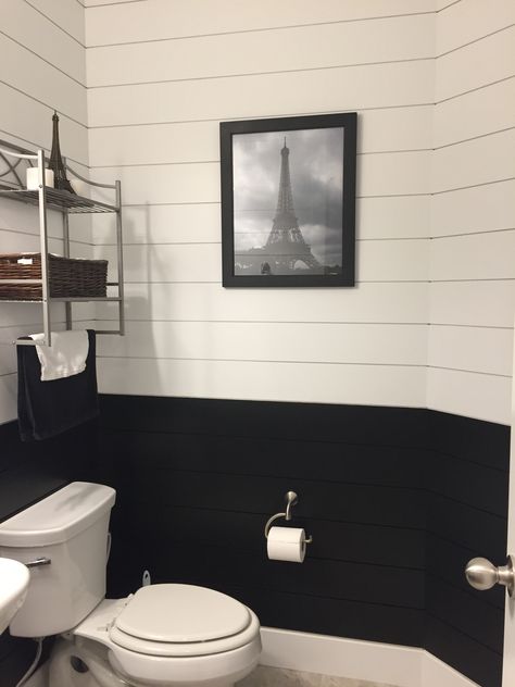 Black and white shiplap bathroom Black Wood Panel Wall Bathroom, Black And White Wall Painting Ideas Bathroom, Black And White Walls Bathroom, Black And White Shiplap Wall, Black Half Paneled Walls, Vertical And Horizontal Shiplap Together, Black And White Bathroom Walls, Black Shiplap Half Wall, Black And White Farm Bathroom