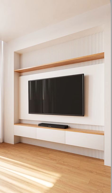 Tv Wall With Storage, Wall With Storage, Plain Living Room, Room Wall Design, 2024 Living Room, Ruang Tv, Bedroom Tv Wall, Living Room Wall Designs, Feature Wall Living Room