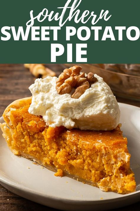 Healthy Sweet Potato Pie, Sweet Potatoes Baked, Southern Sweet Potato Pie, Homemade Sweet Potato Pie, Vegan Sweet Potato Pie, Bourbon Whipped Cream, Southern Pies, Holiday Desert, Sweet Potato Dessert