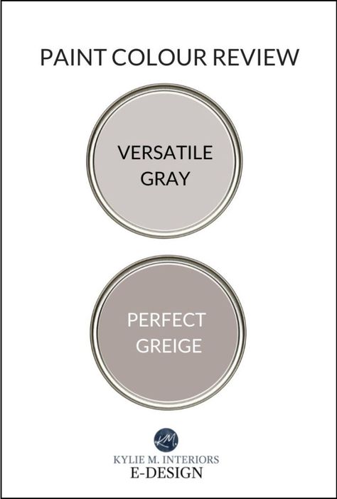 All about two popular taupe (greige) paint colours, Sherwin Williams Versatile Gray and Perfect Greige - also called warm greys. Kylie M Interiors Edesign has advice for walls, cabinets, exteriors and more in her helpful DIY decorating and design blog. #greige #taupe #sherwinwilliams #warmgray #grey #paintcolours #decoratingadvice #designadvice #designblog #decoratingblog #reviews #kylieminteriors #kyliemedesign Sw Versatile Gray, Sherwin Williams Versatile Gray, Greige Paint Sherwin Williams, Perfect Greige Sherwin Williams, Greige Sherwin Williams, Taupe Gray Paint, Sherwin Williams Popular Gray, Sherwin Williams Greige, Sherwin Williams Perfect Greige