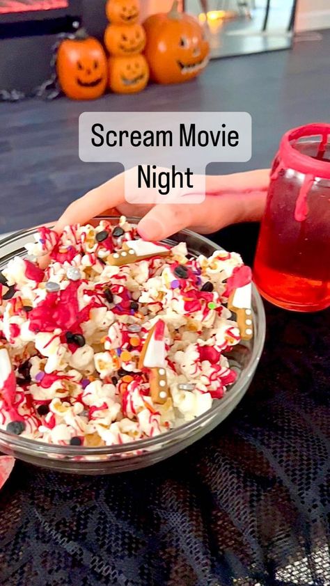 Scream Inspired Food, Scream Movie Food Ideas, Scream Themed Movie Night, Ghostface Party Decorations, Scream Movie Snacks, Scream Food Ideas, Halloween Theme Movie Night Ideas, Ghostface Cookies, Scream Themed Food