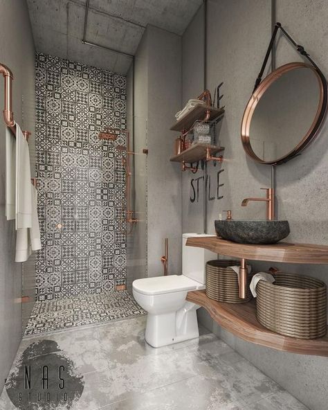 Bathroom Grey And Wood, Industrial Modern Bathroom, Bathroom Grey, Frameless Shower Doors, Bright Kitchens, Trendy Bathroom, Grey Bathrooms, Ideas Bathroom, Bathroom Styling