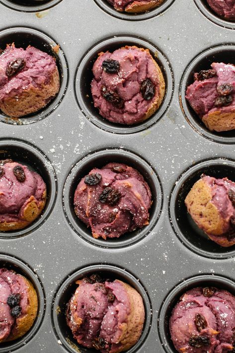 Purple Sweet Potato Muffins Purple Sweet Potato Muffin Recipes, Purple Sweet Potato Muffins, Purple Sweet Potato Breakfast, Purple Sweet Potato Recipes, Sweet Potato Muffin, Ube Dessert Recipe, Sweet Potato Muffin Recipe, Sweet Potato Baby Food, Low Sugar Treats